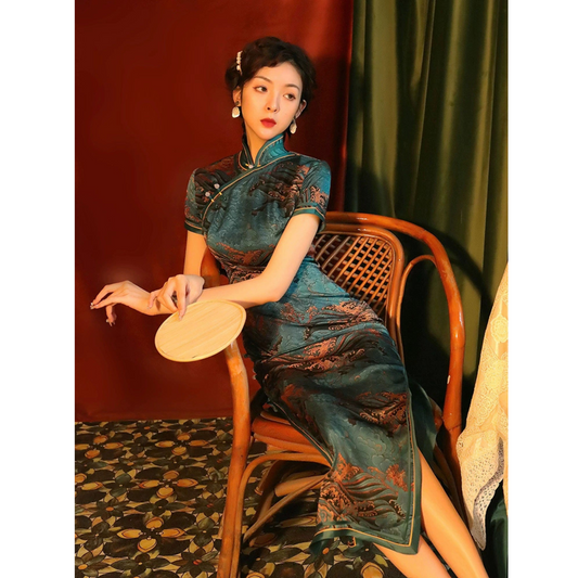 Green Floral Brocade Short Sleeve Qipao Dress