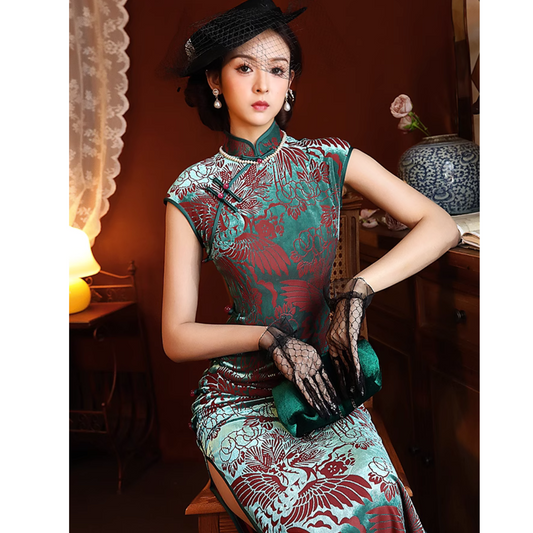 Velvet Green Short Sleeve Slanted Collar Qipao Cheongsam