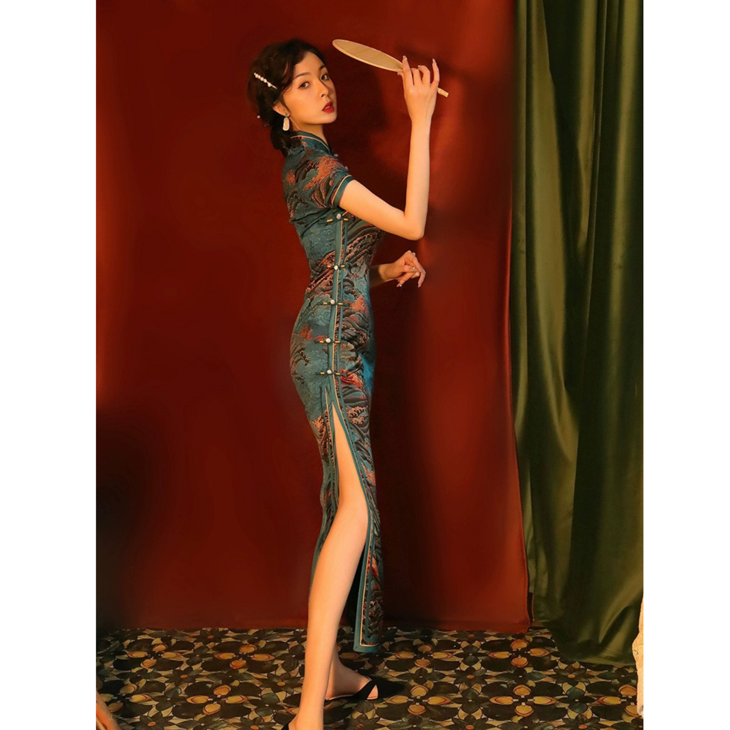 Green Floral Brocade Short Sleeve Qipao Dress