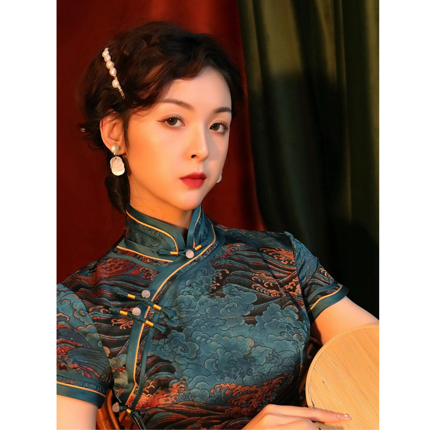 Green Floral Brocade Short Sleeve Qipao Dress