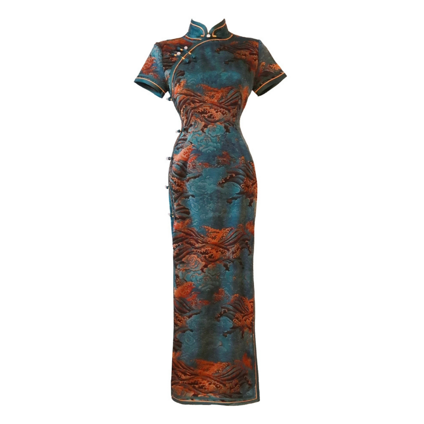 Green Floral Brocade Short Sleeve Qipao Dress