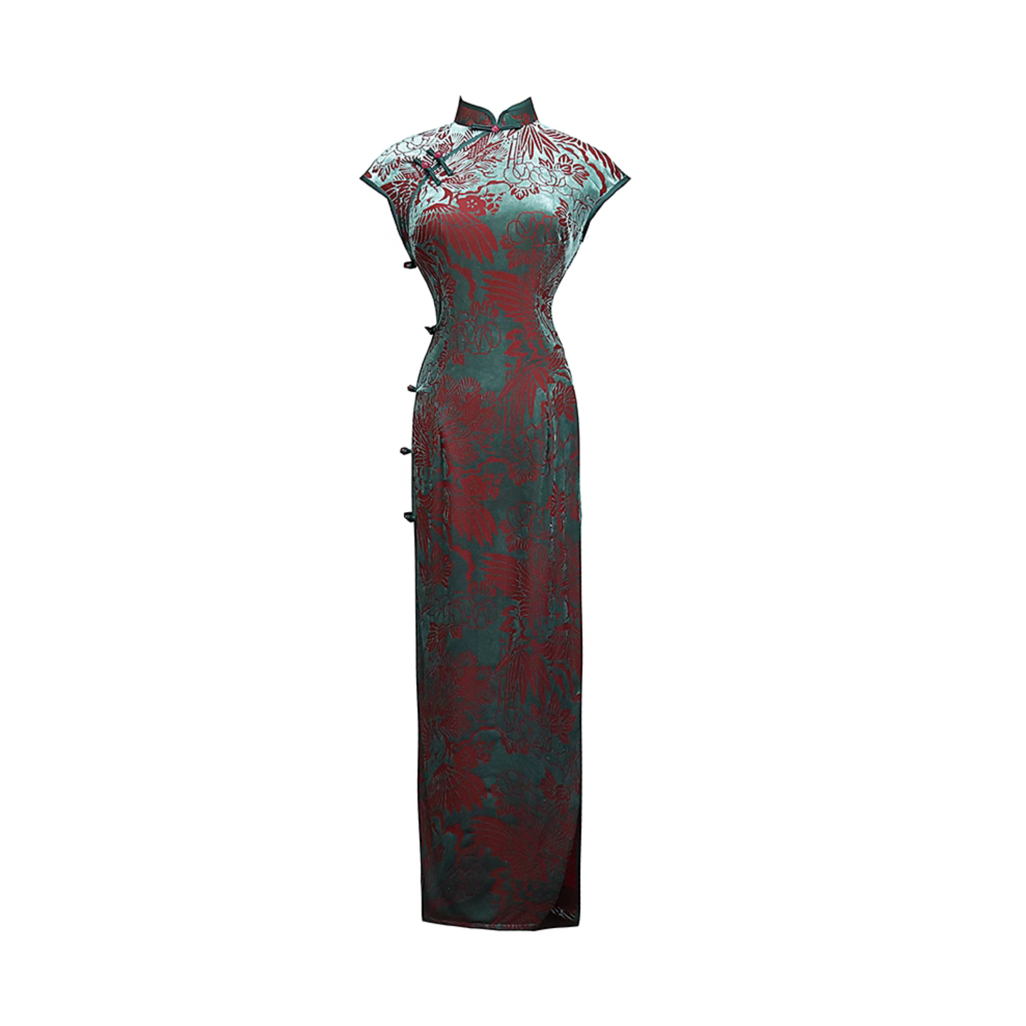 Velvet Green Short Sleeve Slanted Collar Qipao Cheongsam