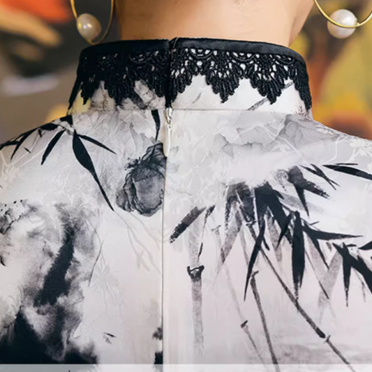 Black & White Floral Lace Long Slanted collar Qipao Cheongsam