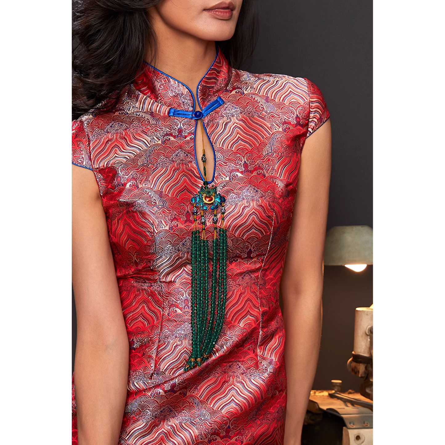 Wave Ukiyo-e Button Red Qipao / Cheongsam