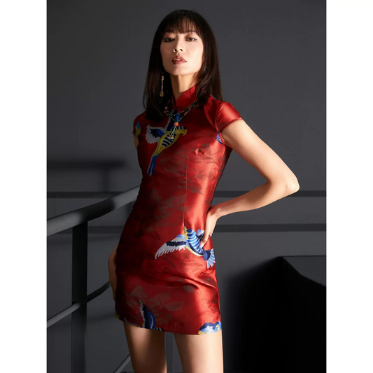 Glossy Red Short Sleeve Qipao