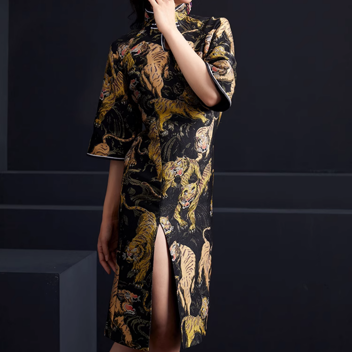 Dark Chinese Dress Jacquard Tiger Robe