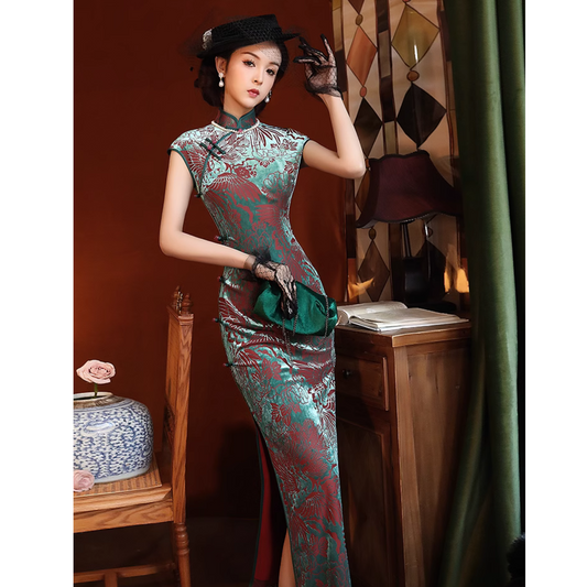 Velvet Green Short Sleeve Slanted Collar Qipao Cheongsam