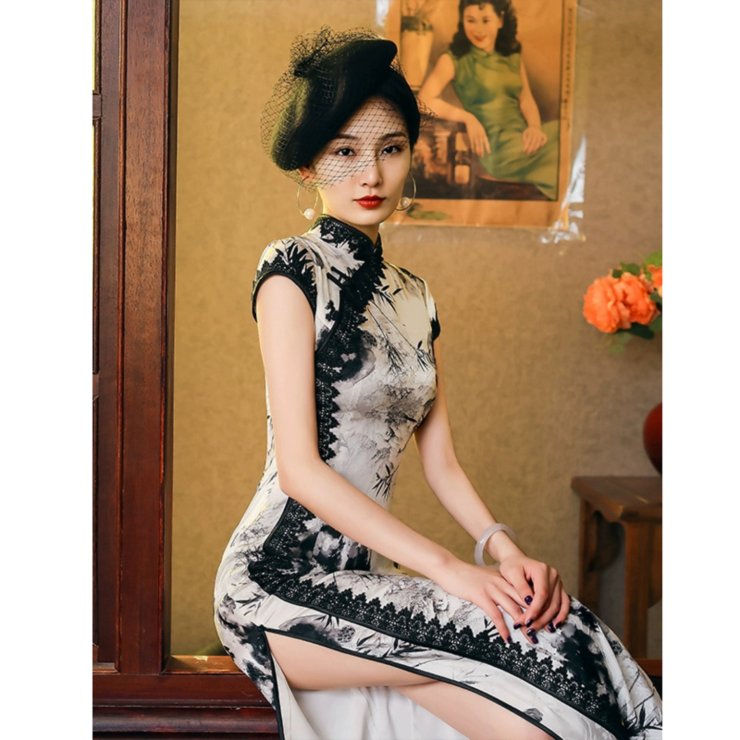 Black & White Floral Lace Long Slanted collar Qipao Cheongsam