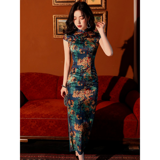 Dark Floral Print Sleevlesss Long Qipao