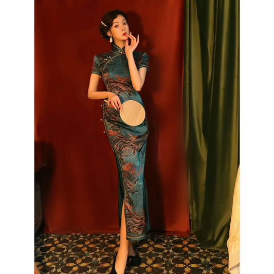 Green Floral Brocade Short Sleeve Qipao Dress