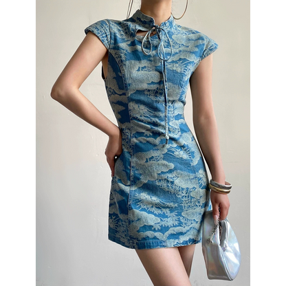 Denim Cloudscape Qipao Dress /  Cheongsam