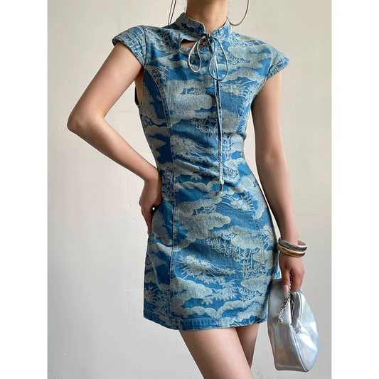 Denim Cloudscape Qipao Dress /  Cheongsam