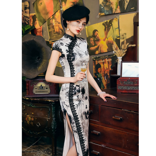 Black & White Floral Lace Long Slanted collar Qipao Cheongsam