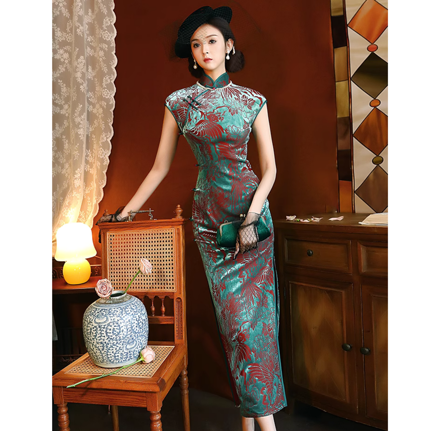 Velvet Green Short Sleeve Slanted Collar Qipao Cheongsam