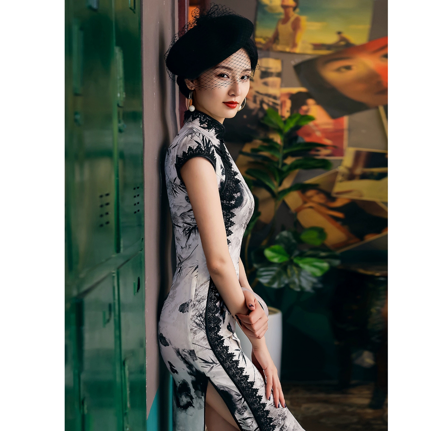 Black & White Floral Lace Long Slanted collar Qipao Cheongsam
