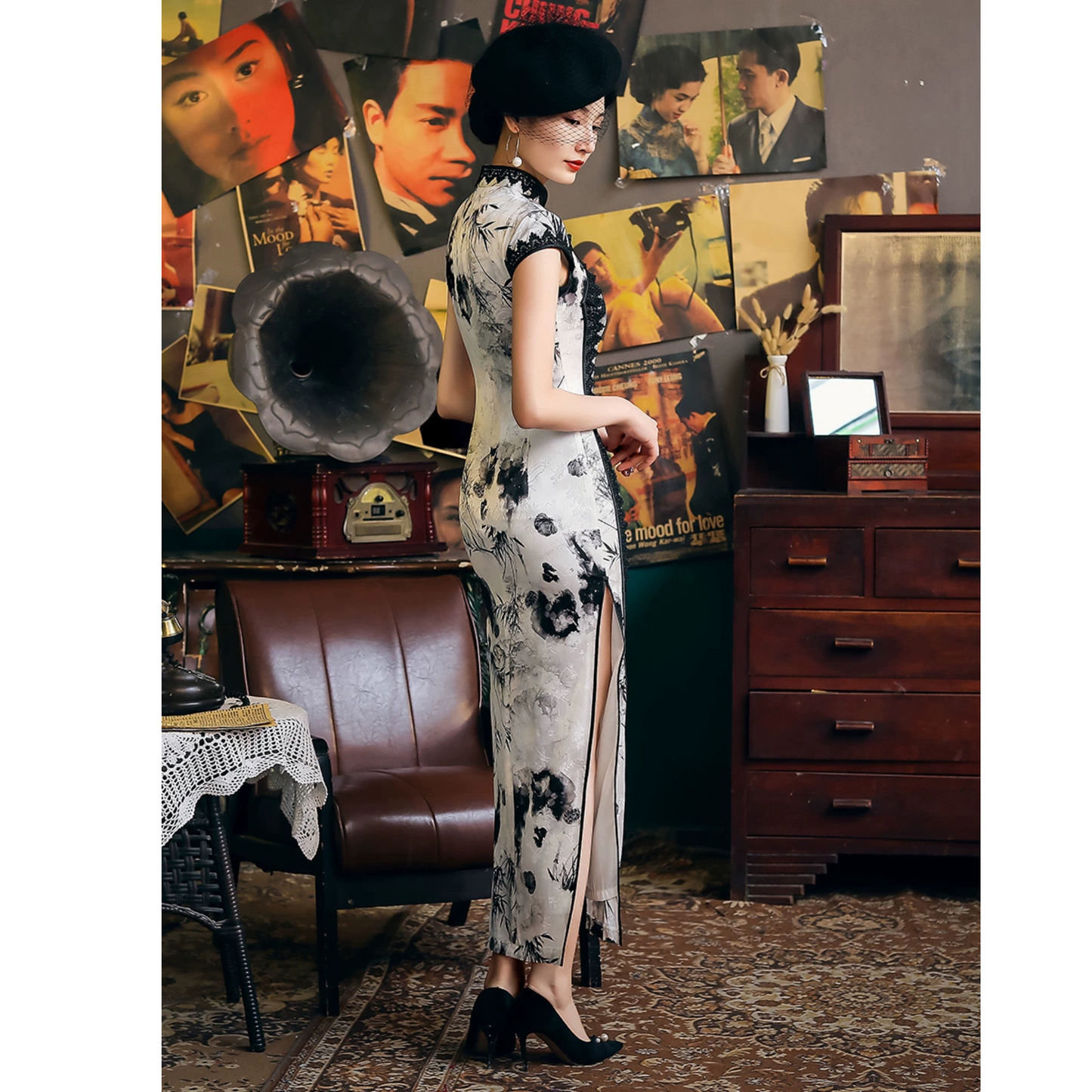 Black & White Floral Lace Long Slanted collar Qipao Cheongsam
