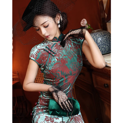 Velvet Green Short Sleeve Slanted Collar Qipao Cheongsam