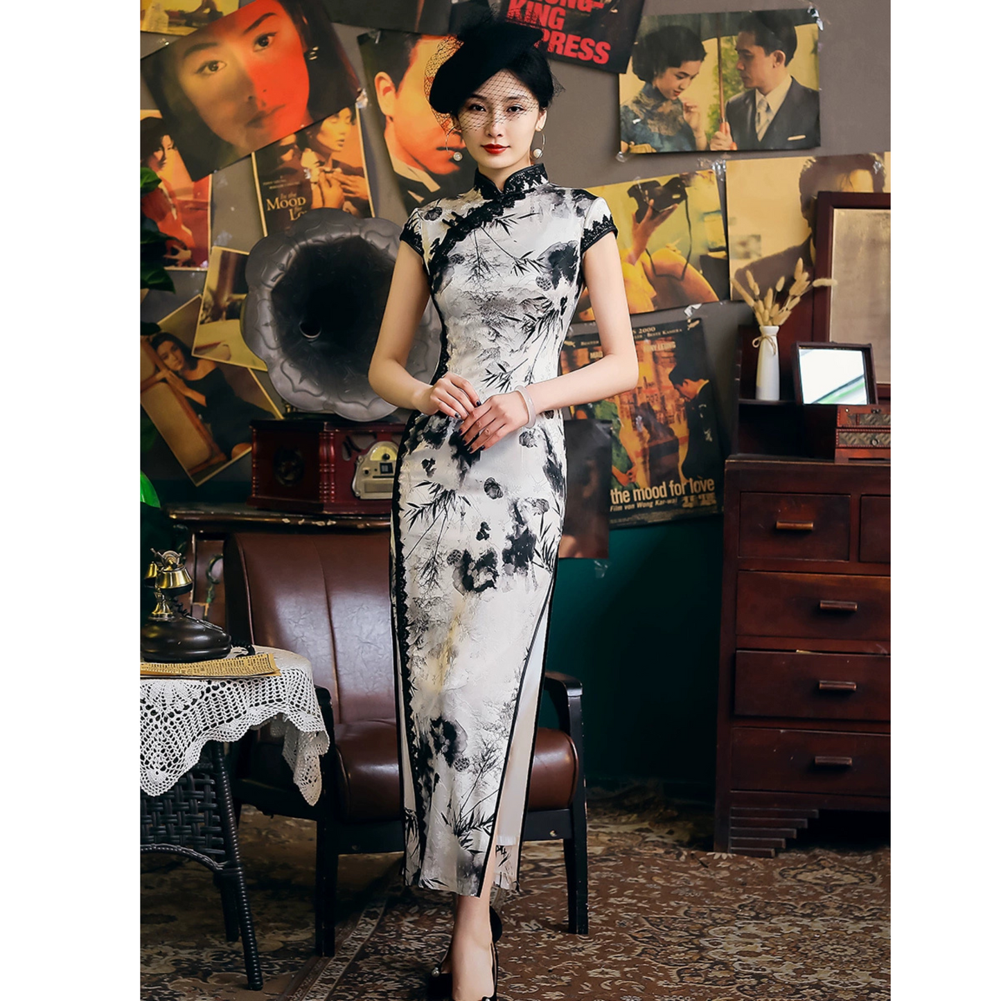 Black & White Floral Lace Long Slanted collar Qipao Cheongsam