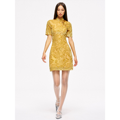 Golden Embroidered Mandarin Collar Modern Qipaon Cheongsam