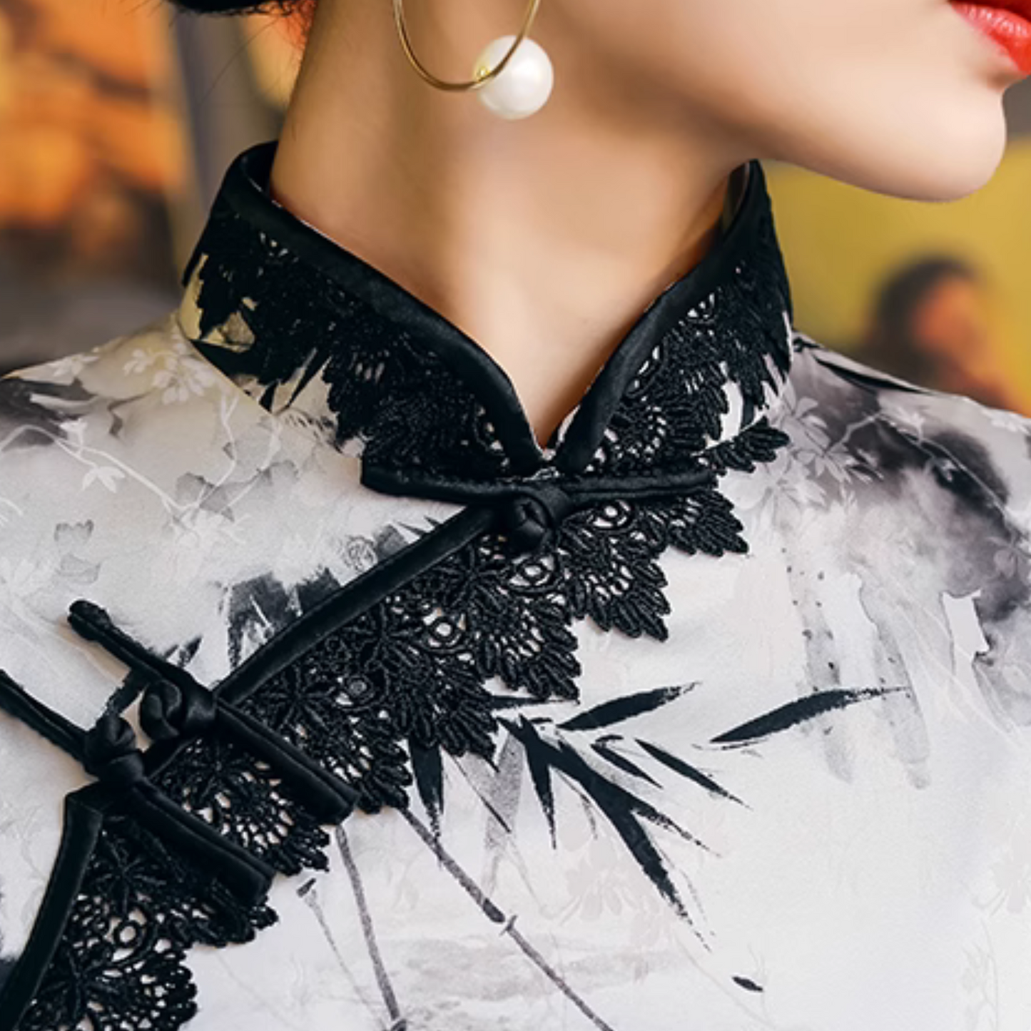 Black & White Floral Lace Long Slanted collar Qipao Cheongsam