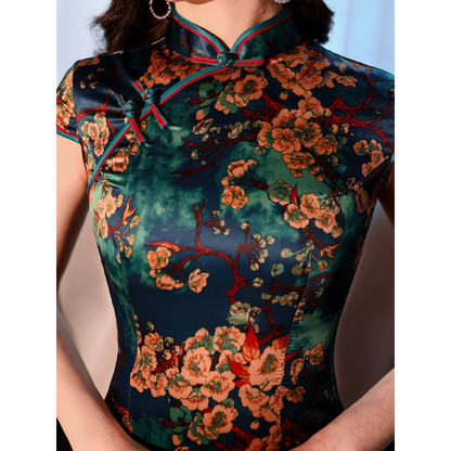 Dark Floral Print Sleevlesss Long Qipao