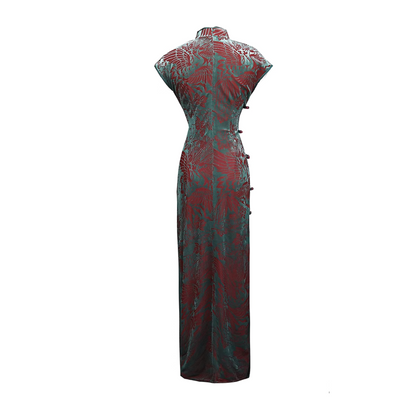 Velvet Green Short Sleeve Slanted Collar Qipao Cheongsam