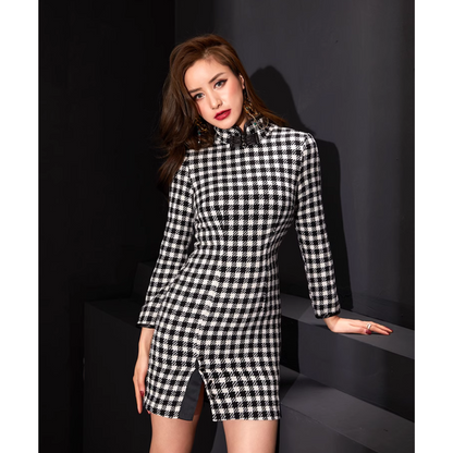 Houndstooth Pattern Long Sleeve Qipao / heongsam