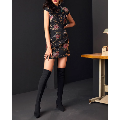 Back Zipper Floral Black Qipao / Cheongsam