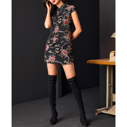 Back Zipper Floral Black Qipao / Cheongsam