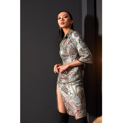 Crane Jacquard Sexy Front Slit Slim Qipao Dress