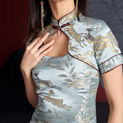 Hollow Collar Light Blue Qipao