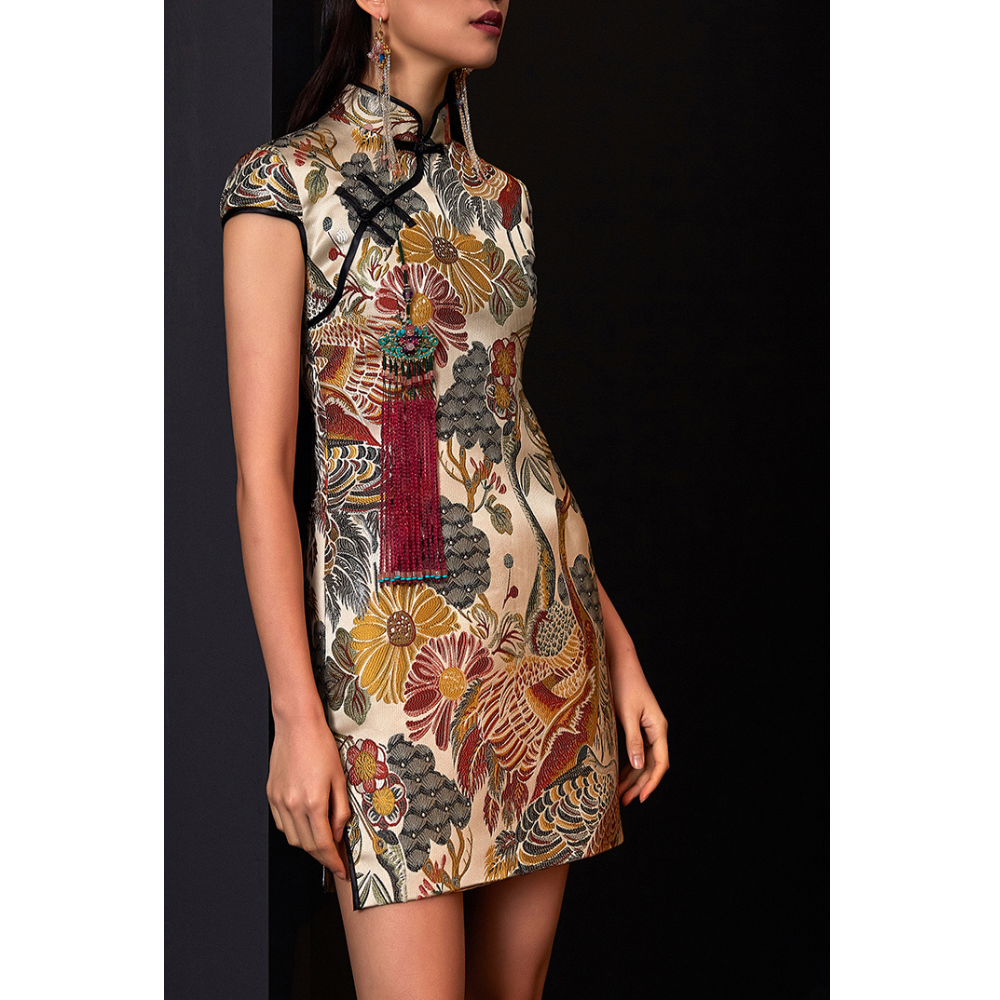 Crane Golden Satin Jacquard Qipao