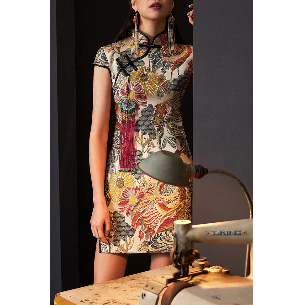 Crane Golden Satin Jacquard Qipao