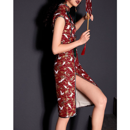 Buttoned Red Sleevless Crane Modern Qipao / Cheongsam