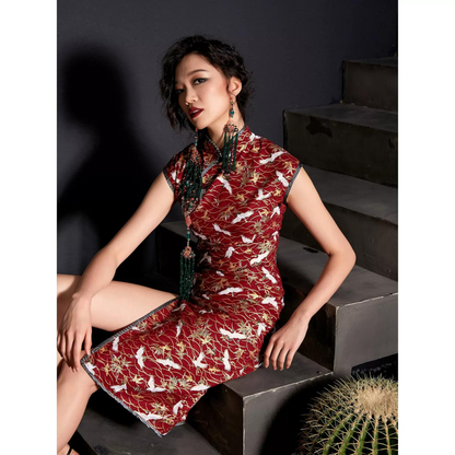 Buttoned Red Sleevless Crane Modern Qipao / Cheongsam