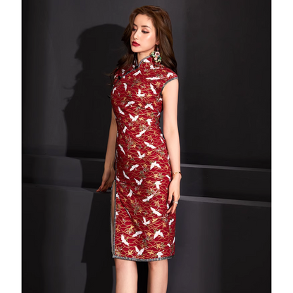 Slanted Collar Red Crane Print Qipao / Cheongsam