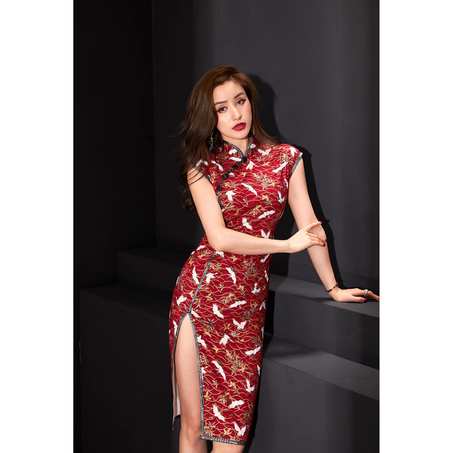 Slanted Collar Red Crane Print Qipao / Cheongsam