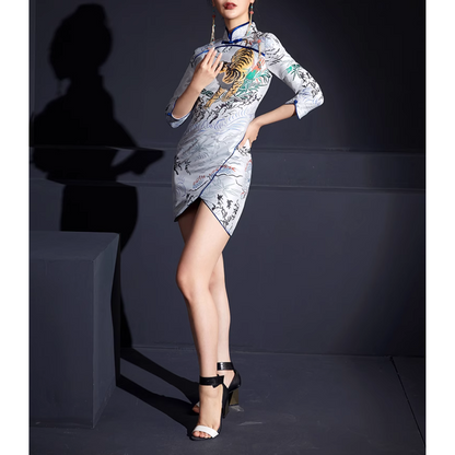 Tiger Mid Length Sleeve Qipao Jacquard Cheongsam Dress