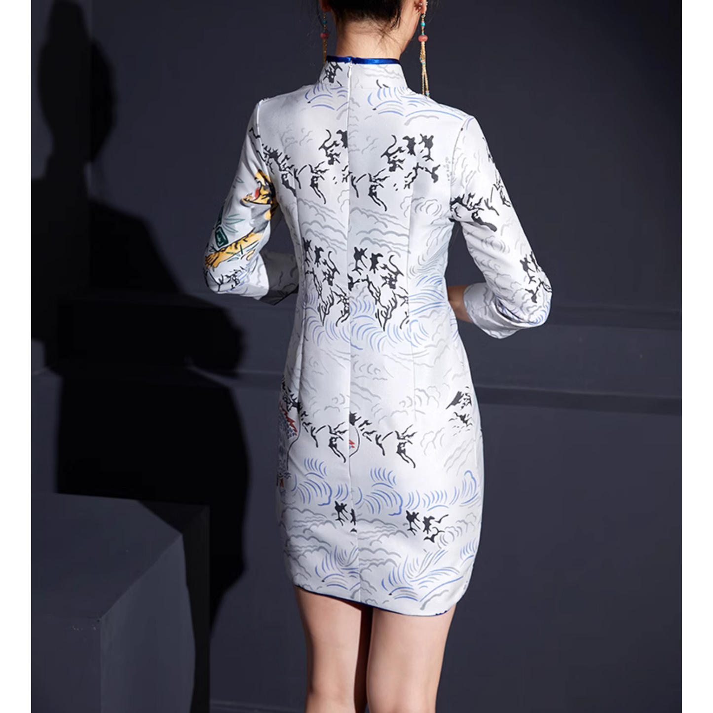 Tiger Mid Length Sleeve Qipao Jacquard Cheongsam Dress