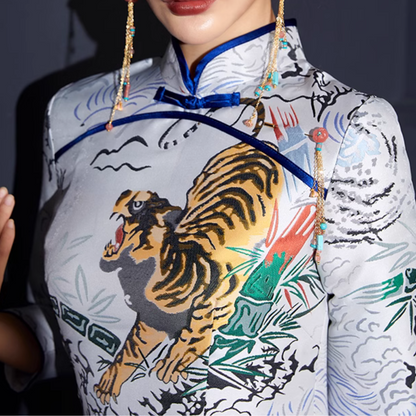 Tiger Mid Length Sleeve Qipao Jacquard Cheongsam Dress