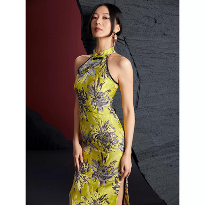 Yellow Floral Sleevless Qipao