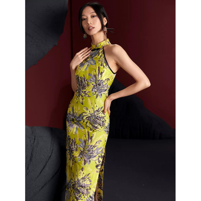 Yellow Floral Sleevless Qipao