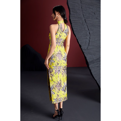 Yellow Floral Sleevless Qipao